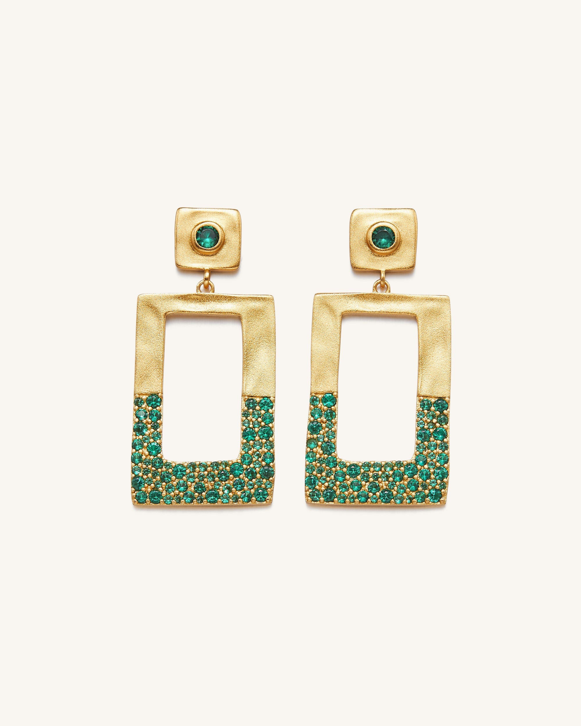 Geometrical Openwork Rectangle Earrings - 18ct Gold Plated & Green Nano