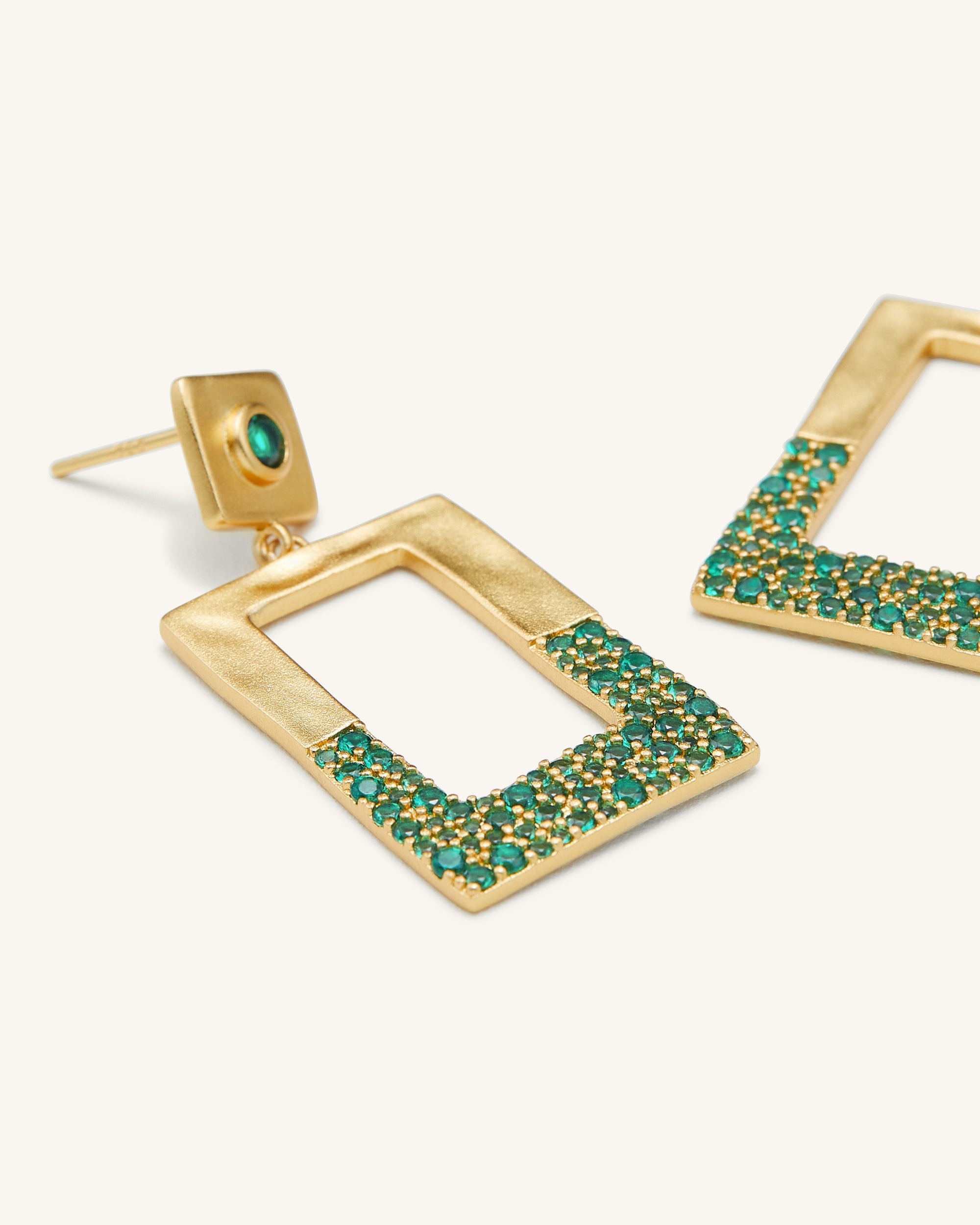 Geometrical Openwork Rectangle Earrings - 18ct Gold Plated & Green Nano